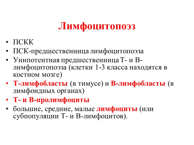 Лимфоцитопоэз  ПСКК  ПСК-предшественница лимфоцитопоэза  Унипотентная предшественница Т- и В-лимфоцитопоэза (клетки 1-3